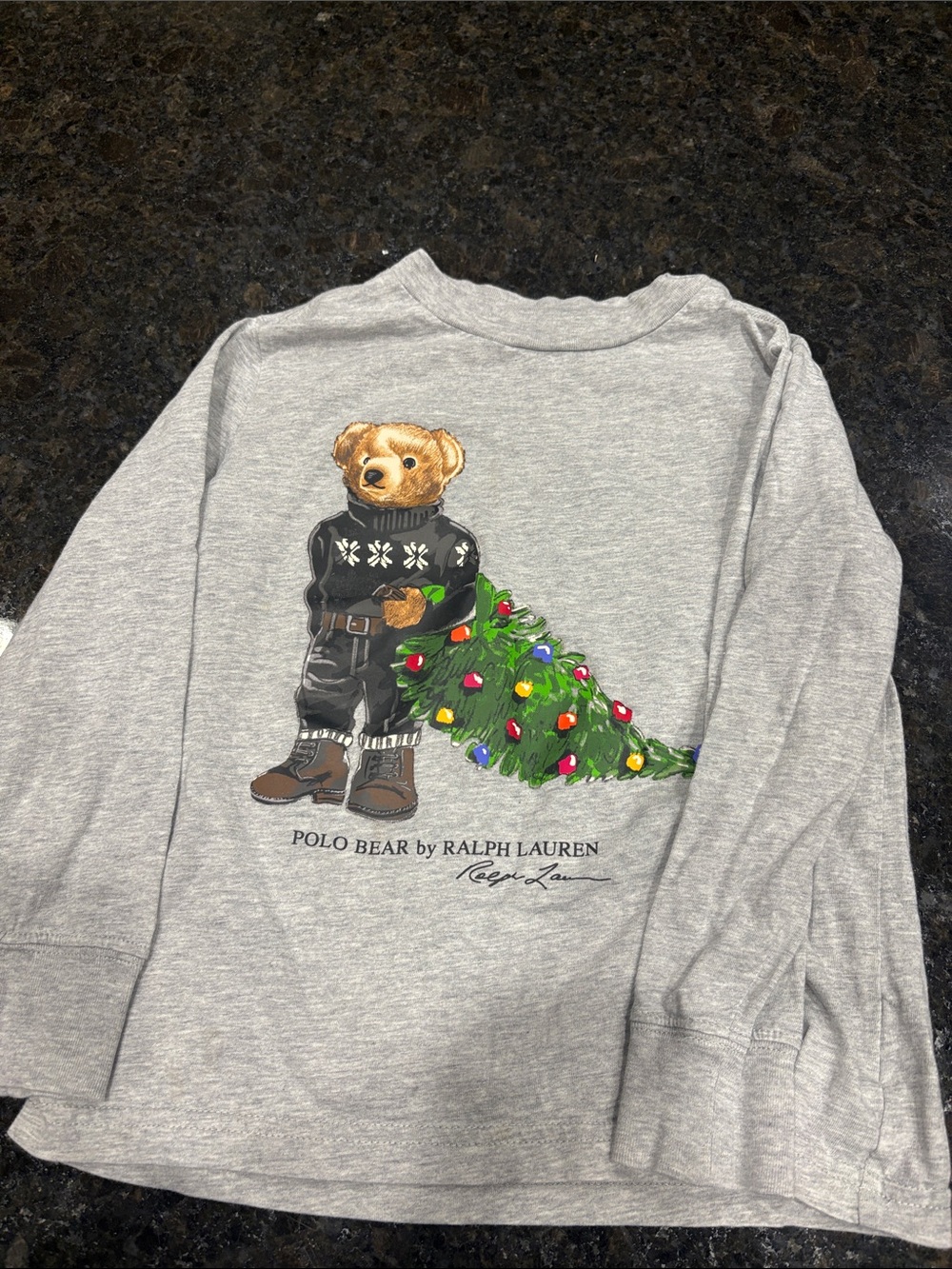 Polo by Ralph Lauren Kids' Gray Long Sleeve Tee with Festive Bear Graphic